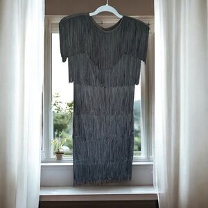 VINTAGE‎ Flapper Girl CHERYL KAYE Fringe Black Dress 80s 20s 10
